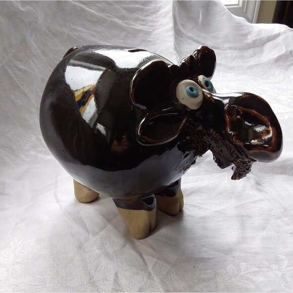 Amazing studio pottery moose piggy bank dark brown with blue eyes - Picture 1 of 9
